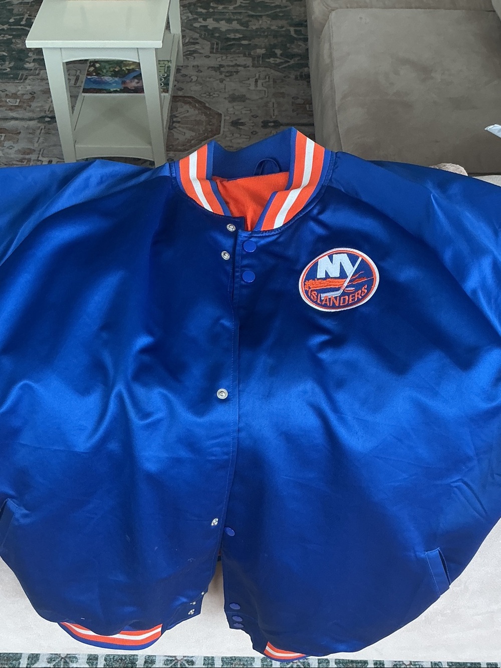 Islander men’s Satin Bomber Jacket in Royal Blue & Orange